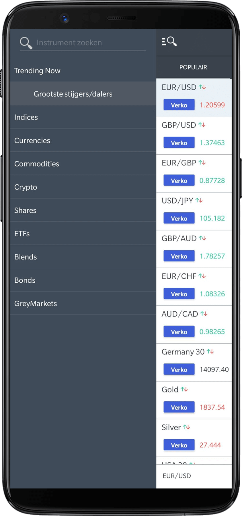 Markets.com menu