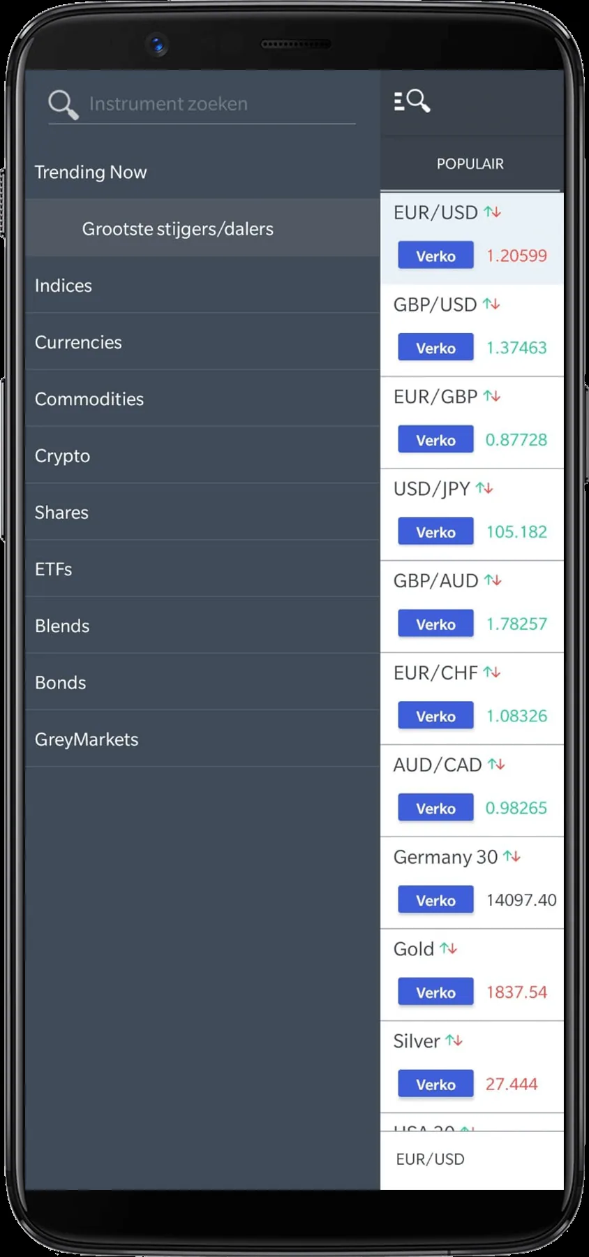 Markets.com menu